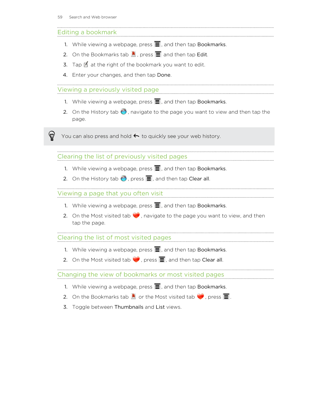 HTC 99HNA034-00 manual Editing a bookmark, Viewing a previously visited, Clearing the list of previously visited pages 