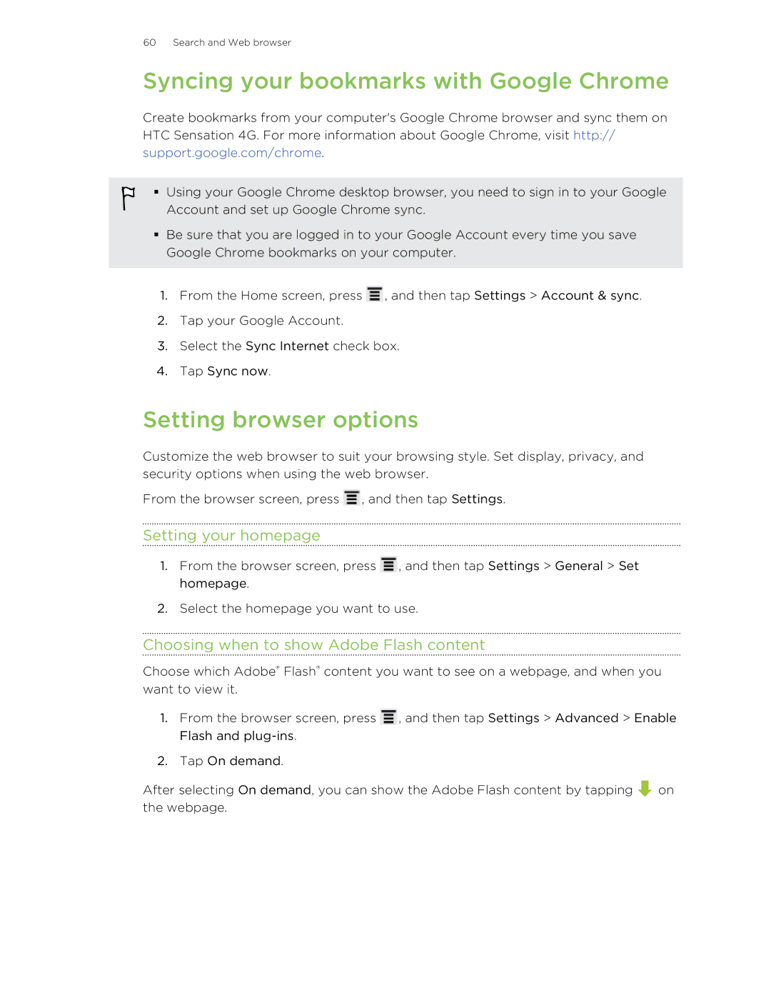 HTC 99HNA034-00 manual Syncing your bookmarks with Google Chrome, Setting browser options, Setting your homepage 