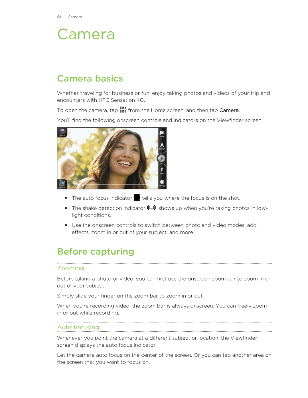 HTC 99HNA034-00 manual Camera basics, Before capturing, Zooming, Auto focusing 
