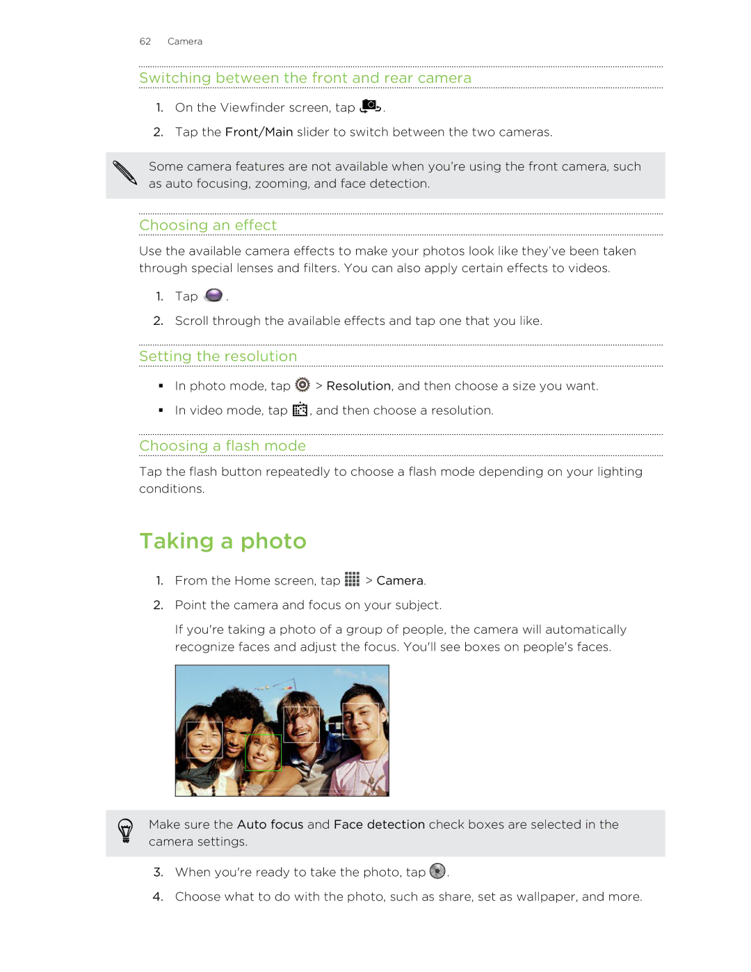 HTC 99HNA034-00 Taking a photo, Switching between the front and rear camera, Choosing an effect, Setting the resolution 