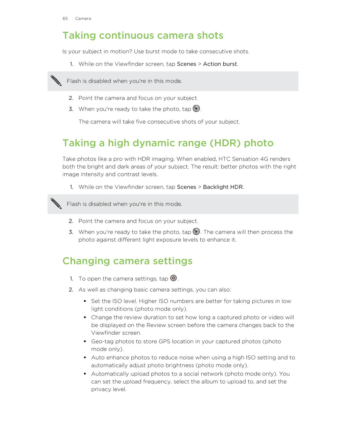 HTC 99HNA034-00 manual Taking continuous camera shots, Taking a high dynamic range HDR photo, Changing camera settings 