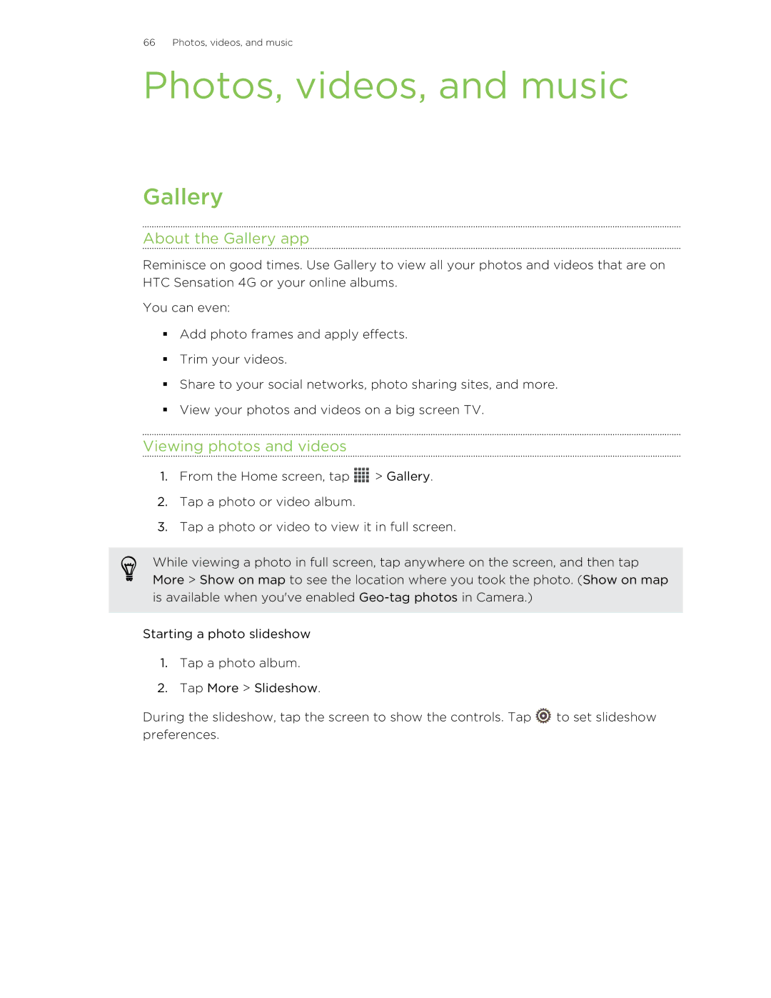 HTC 99HNA034-00 manual Photos, videos, and music, About the Gallery app, Viewing photos and videos 
