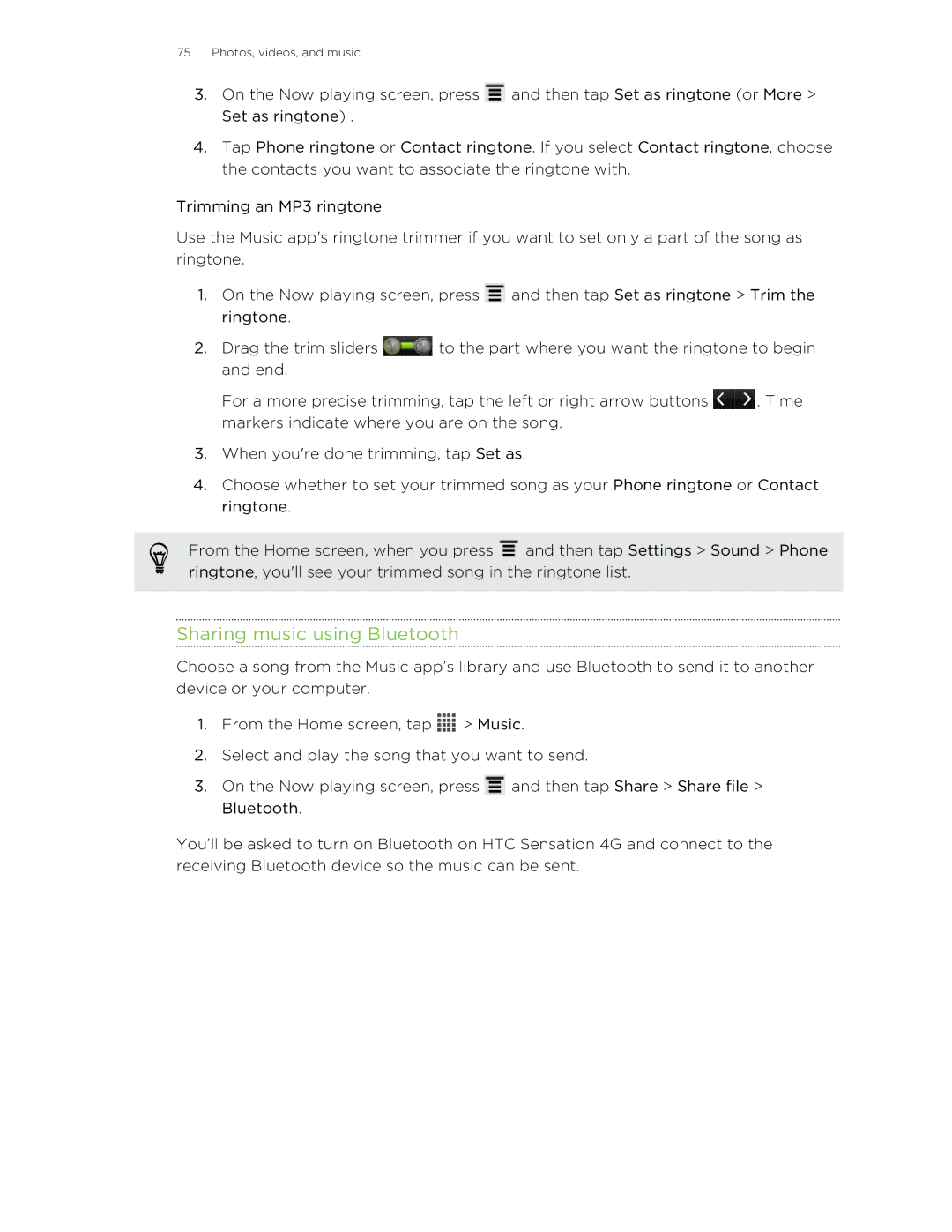 HTC 99HNA034-00 manual Sharing music using Bluetooth 