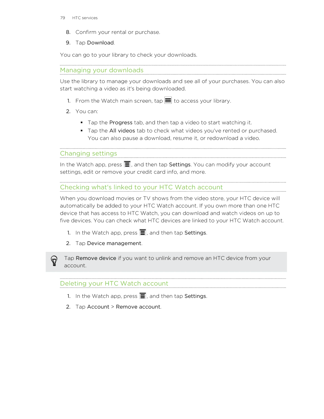 HTC 99HNA034-00 manual Managing your downloads, Changing settings, Checking whats linked to your HTC Watch account 