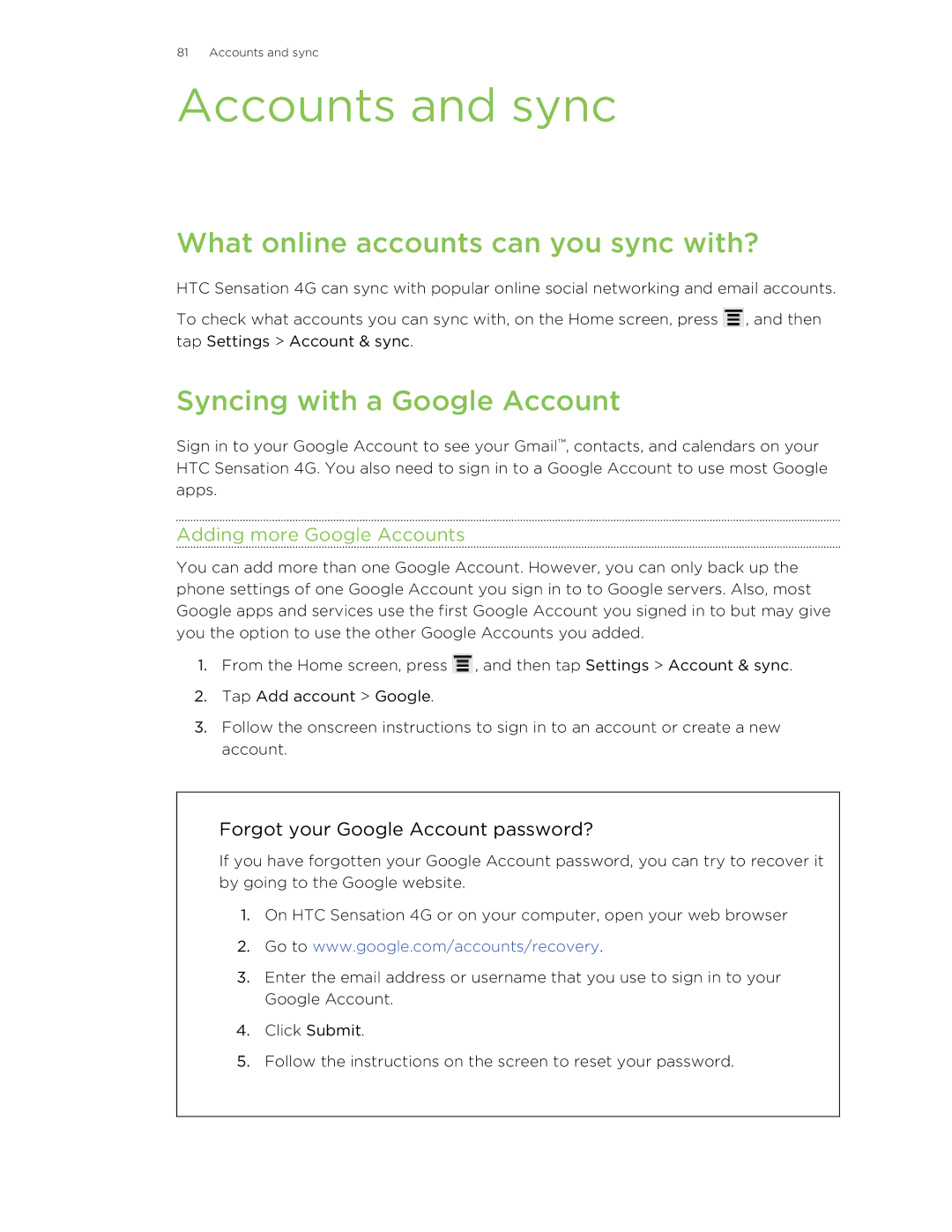 HTC 99HNA034-00 manual Accounts and sync, What online accounts can you sync with?, Syncing with a Google Account 