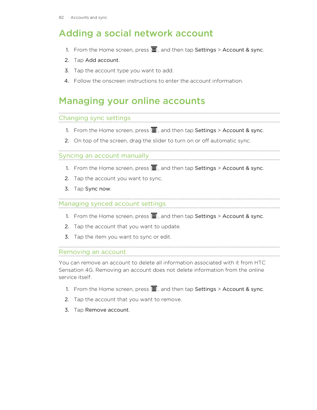 HTC 99HNA034-00 manual Adding a social network account, Managing your online accounts 