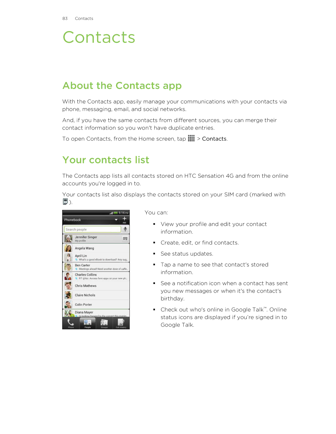 HTC 99HNA034-00 manual About the Contacts app, Your contacts list 