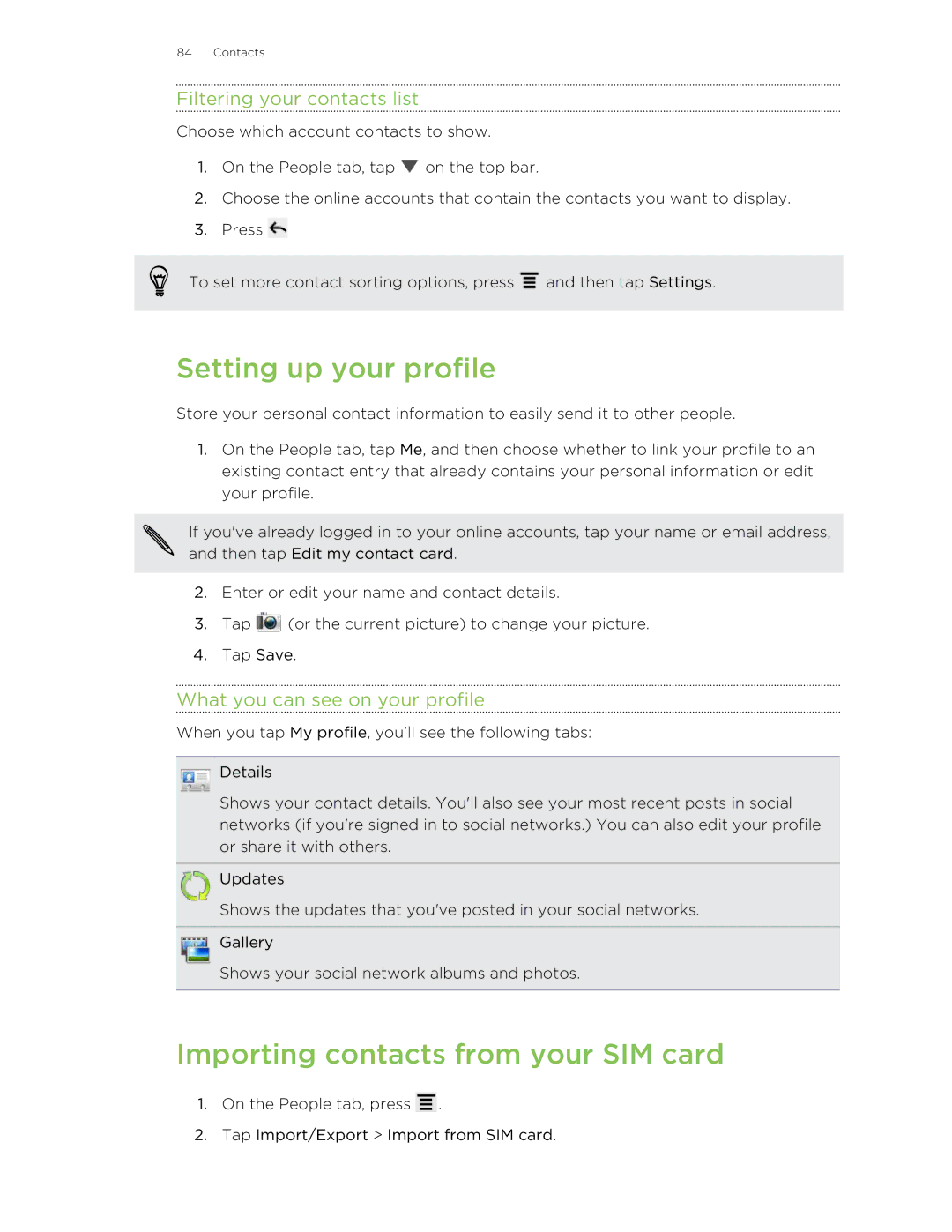 HTC 99HNA034-00 manual Setting up your profile, Importing contacts from your SIM card, Filtering your contacts list 