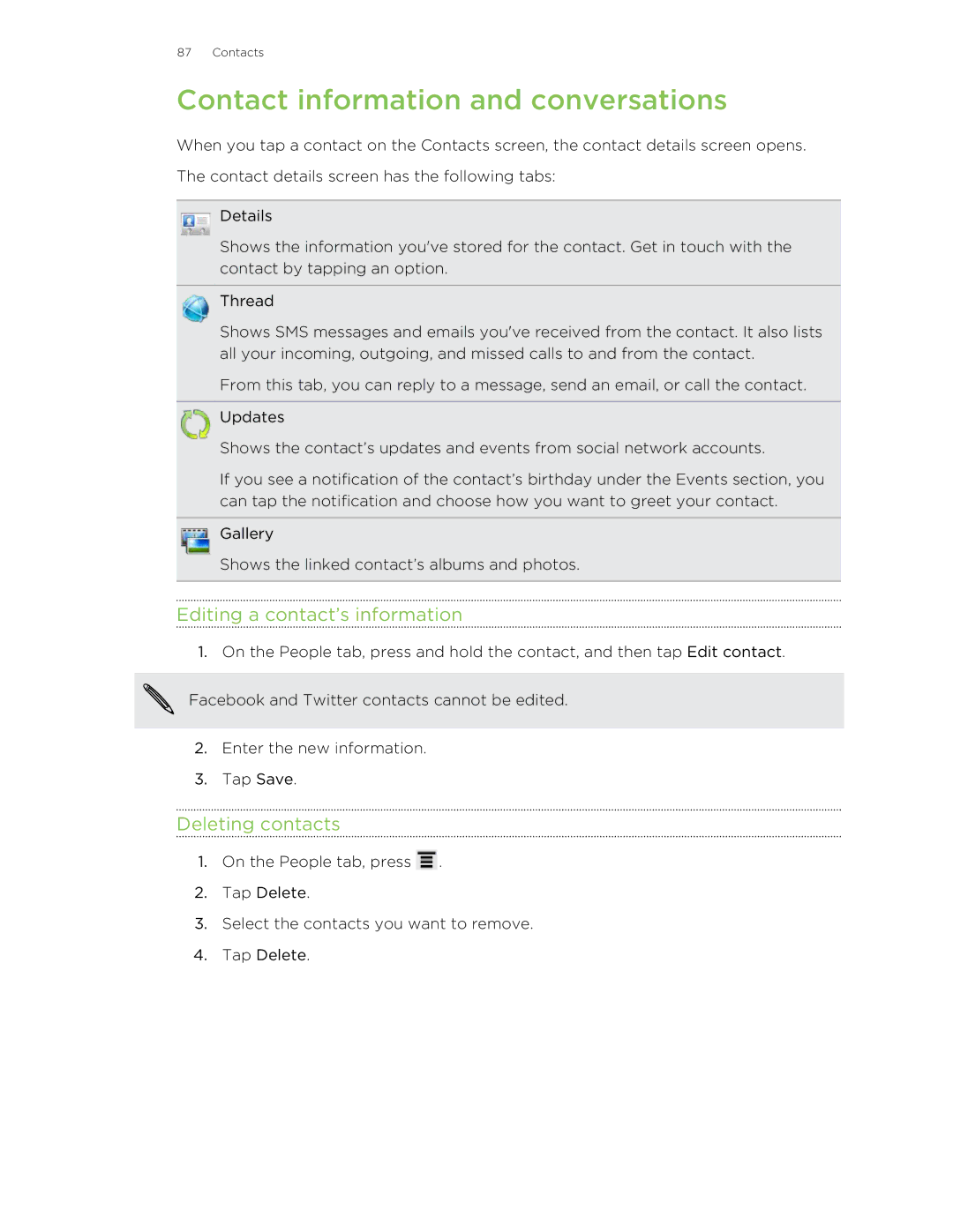 HTC 99HNA034-00 manual Contact information and conversations, Editing a contact’s information, Deleting contacts 