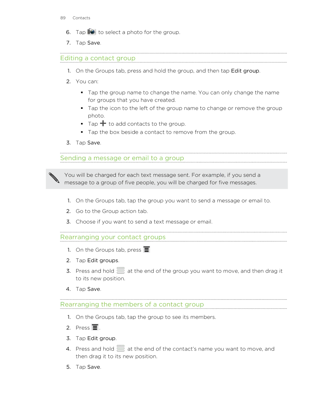 HTC 99HNA034-00 manual Editing a contact group, Sending a message or email to a group, Rearranging your contact groups 