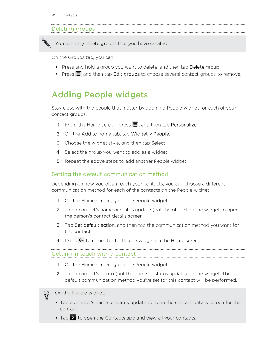 HTC 99HNA034-00 manual Adding People widgets, Deleting groups, Setting the default communication method 