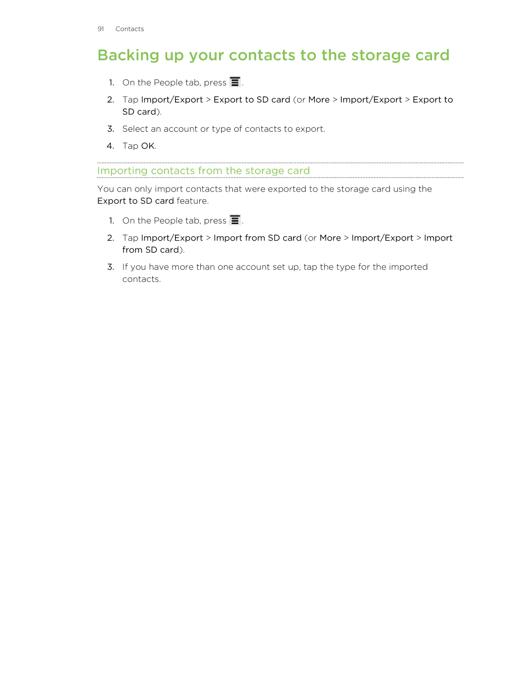 HTC 99HNA034-00 manual Backing up your contacts to the storage card, Importing contacts from the storage card 