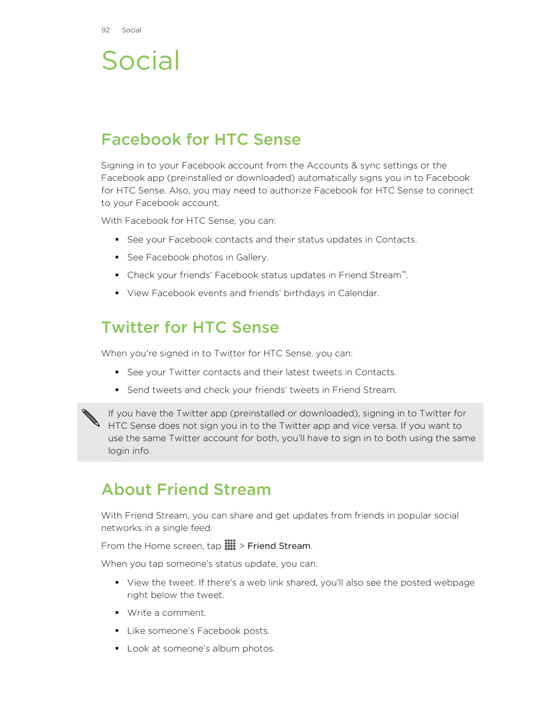 HTC 99HNA034-00 manual Social, Facebook for HTC Sense, Twitter for HTC Sense, About Friend Stream 