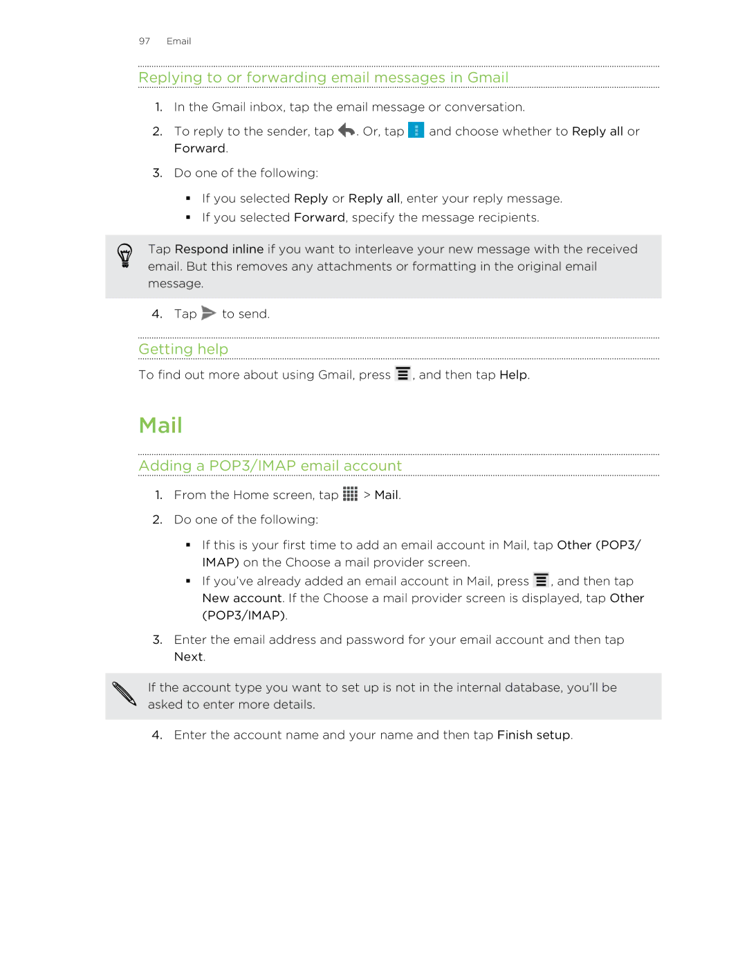 HTC 99HNA034-00 Mail, Replying to or forwarding email messages in Gmail, Getting help, Adding a POP3/IMAP email account 