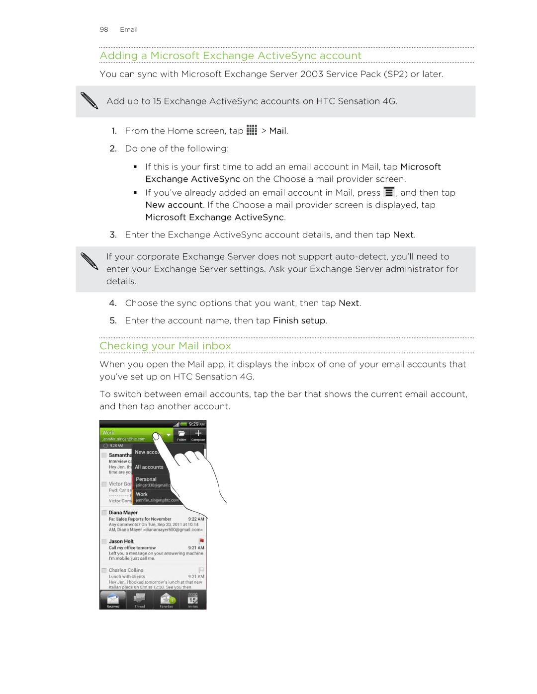 HTC 99HNA034-00 manual Adding a Microsoft Exchange ActiveSync account, Checking your Mail inbox 