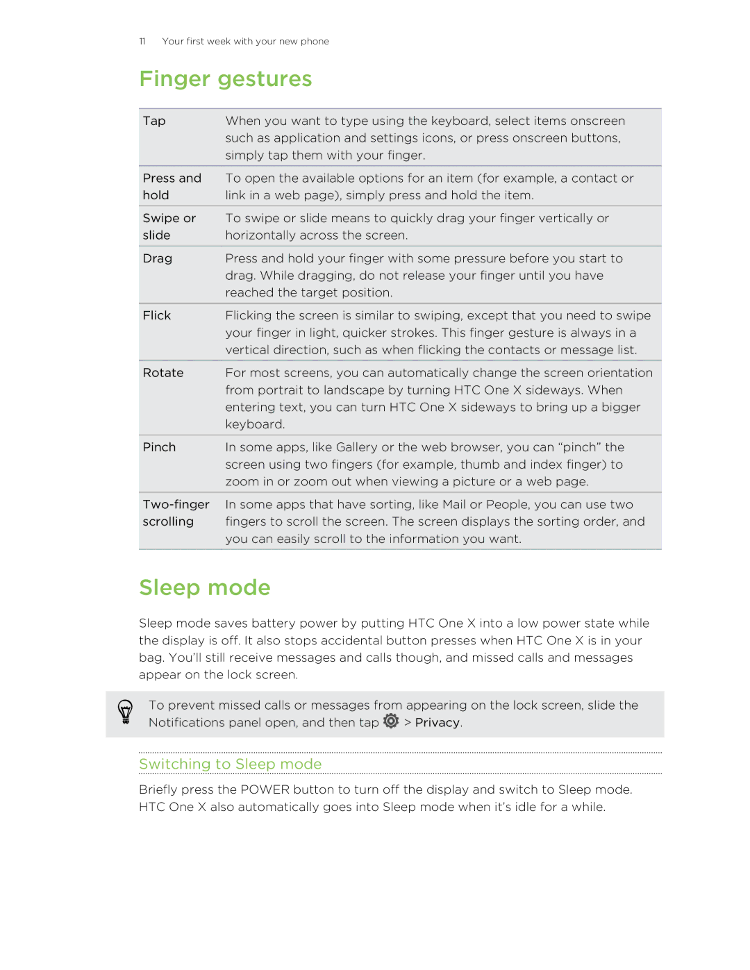 HTC 99HTB007-00 manual Finger gestures, Switching to Sleep mode 