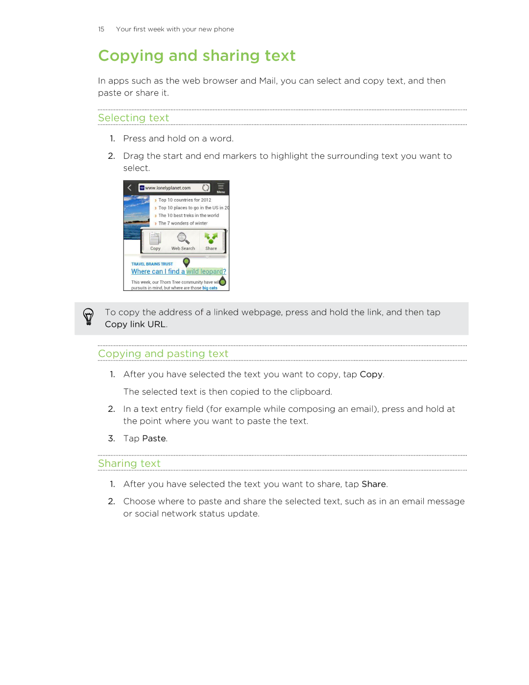 HTC 99HTB007-00 manual Copying and sharing text, Selecting text, Copying and pasting text, Sharing text 