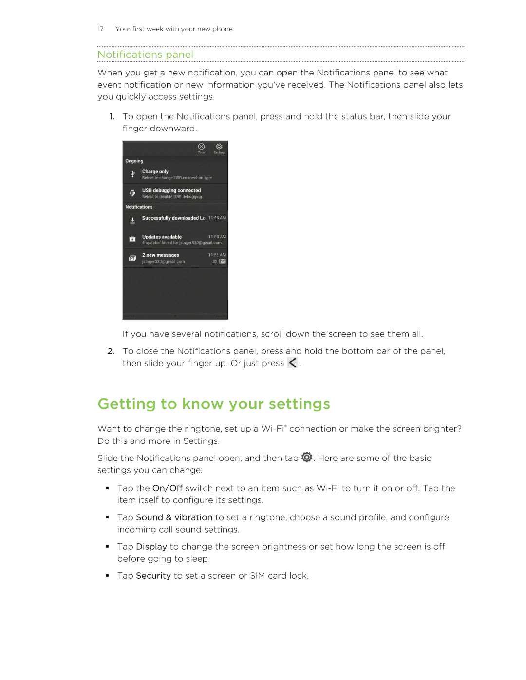 HTC 99HTB007-00 manual Getting to know your settings, Notifications panel 