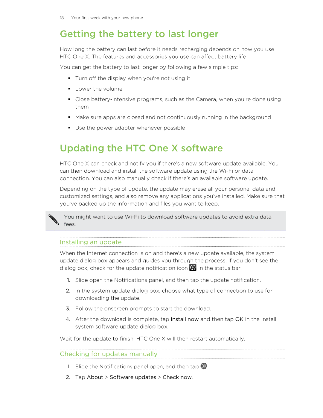 HTC 99HTB007-00 manual Getting the battery to last longer, Updating the HTC One X software, Installing an update 