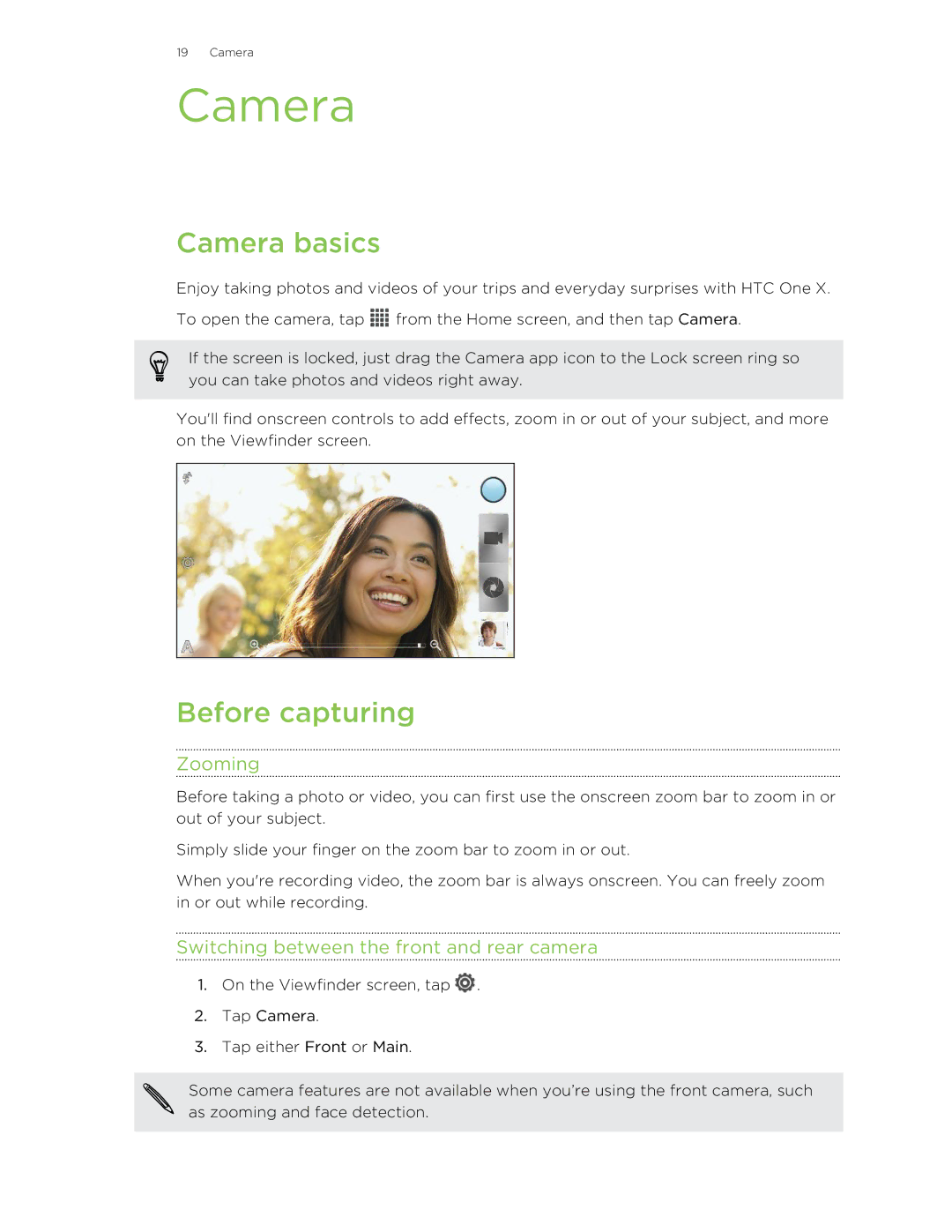 HTC 99HTB007-00 manual Camera basics, Before capturing, Zooming, Switching between the front and rear camera 