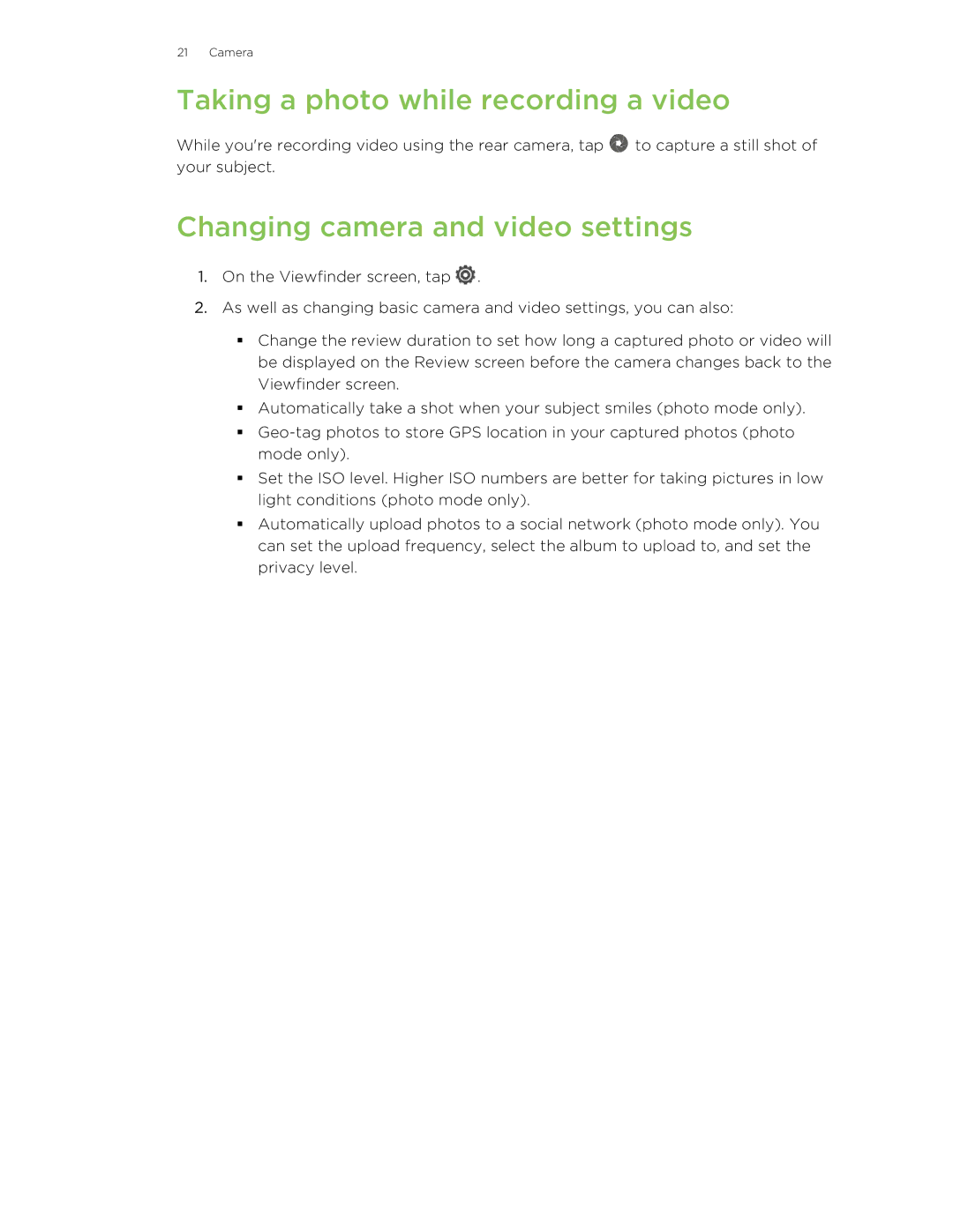 HTC 99HTB007-00 manual Taking a photo while recording a video, Changing camera and video settings 