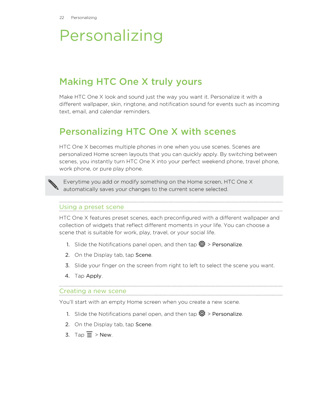 HTC 99HTB007-00 manual Making HTC One X truly yours, Personalizing HTC One X with scenes, Using a preset scene 