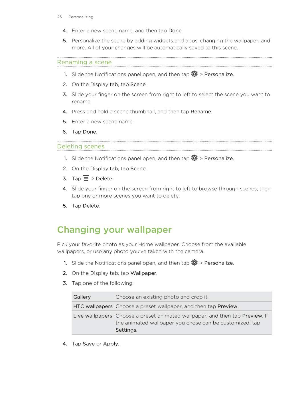 HTC 99HTB007-00 manual Changing your wallpaper, Renaming a scene, Deleting scenes 