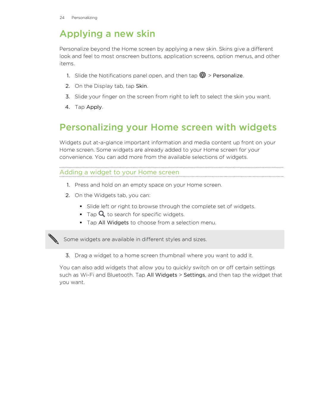 HTC 99HTB007-00 Applying a new skin, Personalizing your Home screen with widgets, Adding a widget to your Home screen 