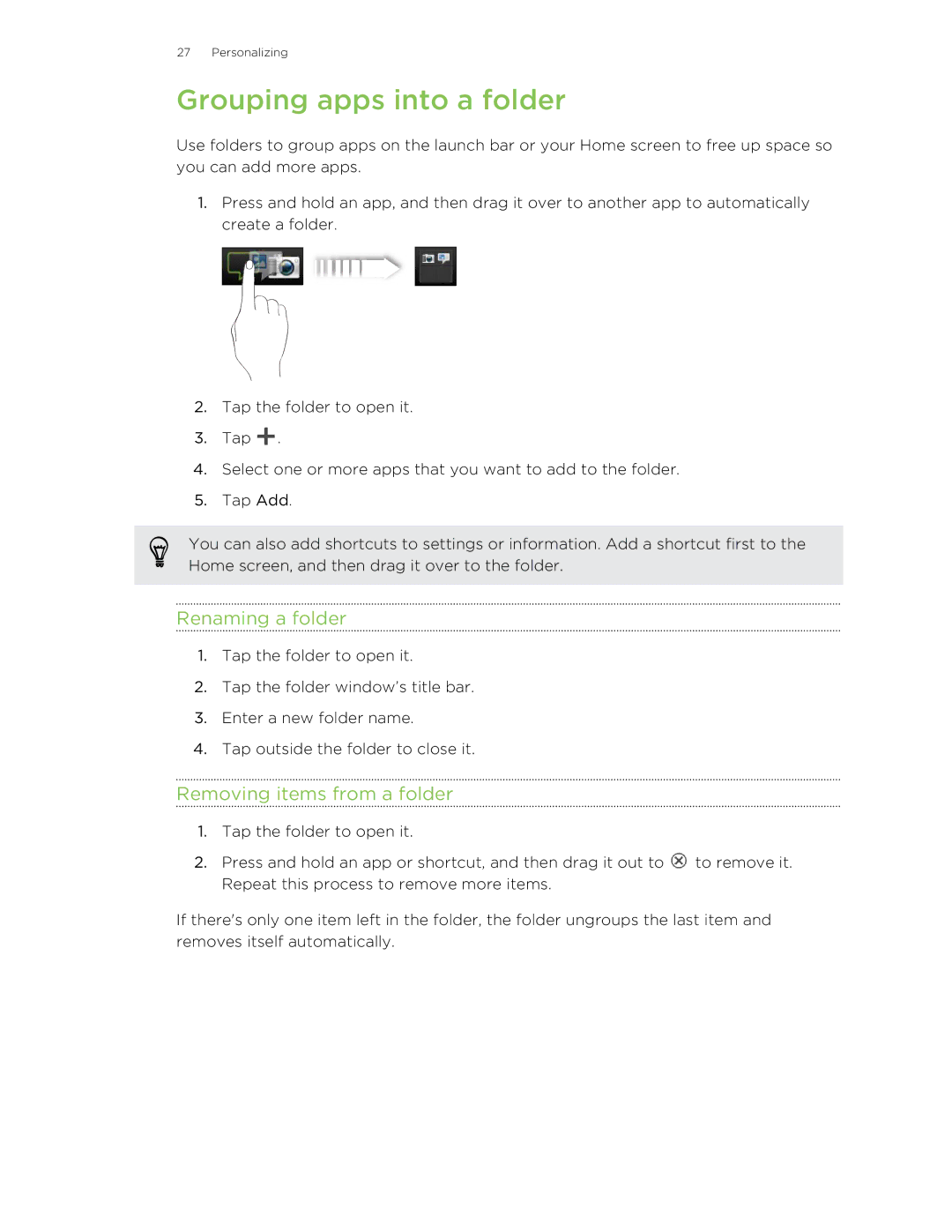 HTC 99HTB007-00 manual Grouping apps into a folder, Renaming a folder, Removing items from a folder 