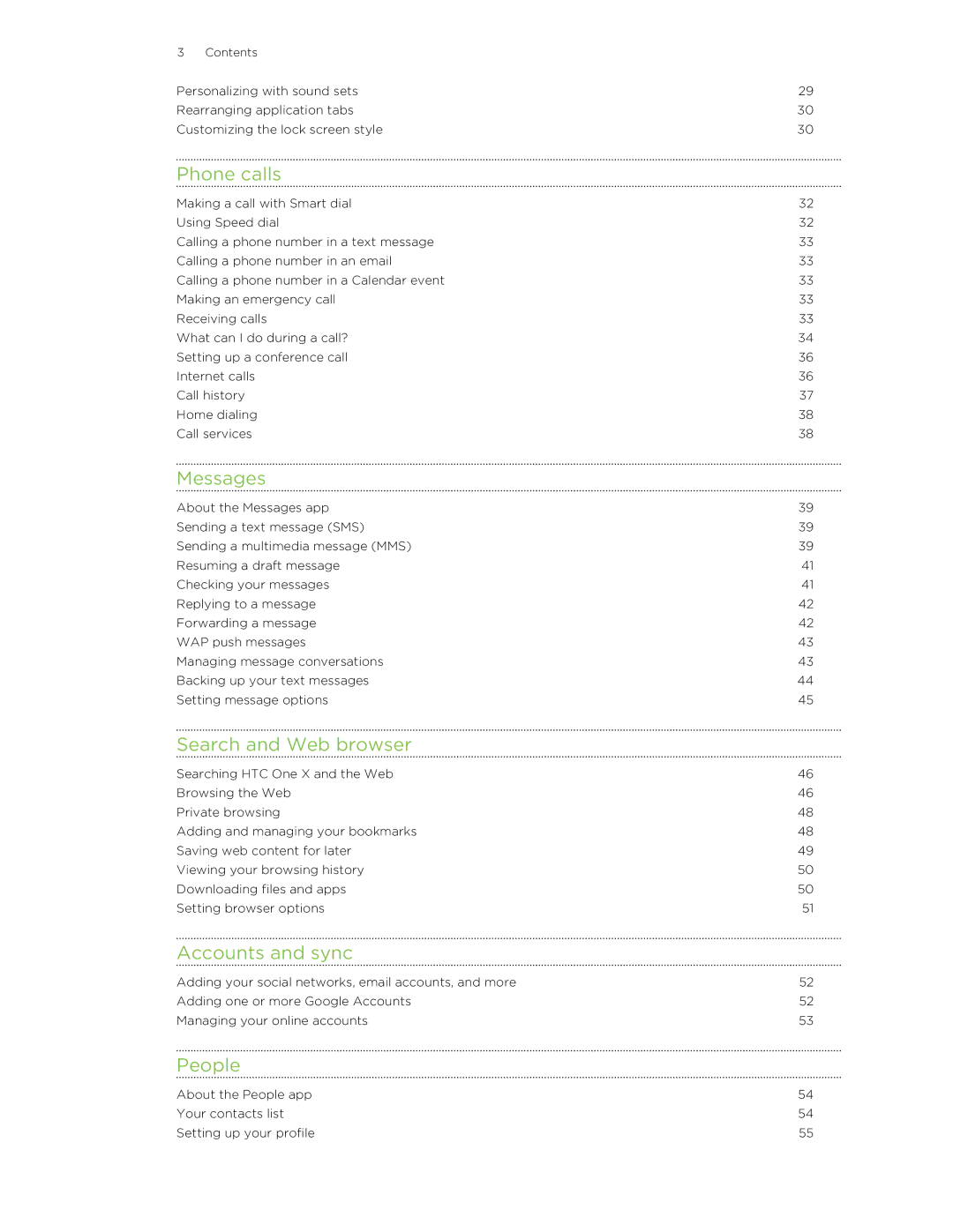 HTC 99HTB007-00 manual Phone calls, Messages, Search and Web browser, Accounts and sync, People 