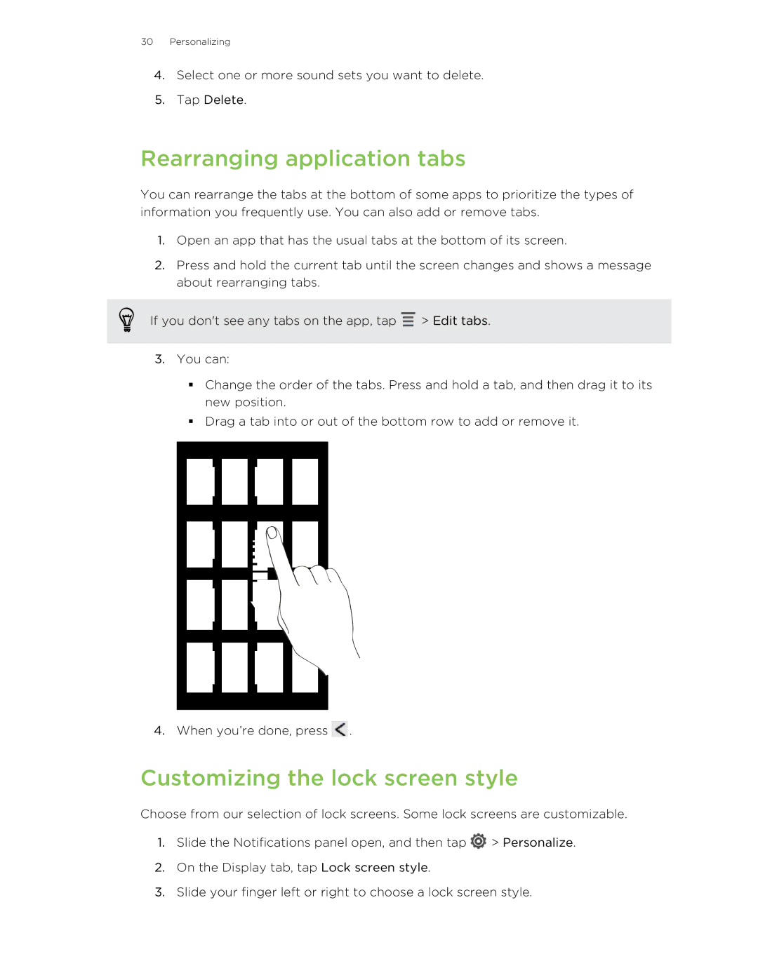 HTC 99HTB007-00 manual Rearranging application tabs, Customizing the lock screen style 