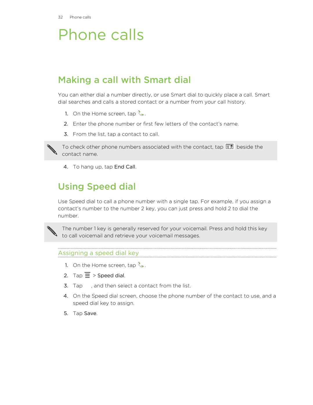 HTC 99HTB007-00 manual Phone calls, Making a call with Smart dial, Using Speed dial, Assigning a speed dial key 