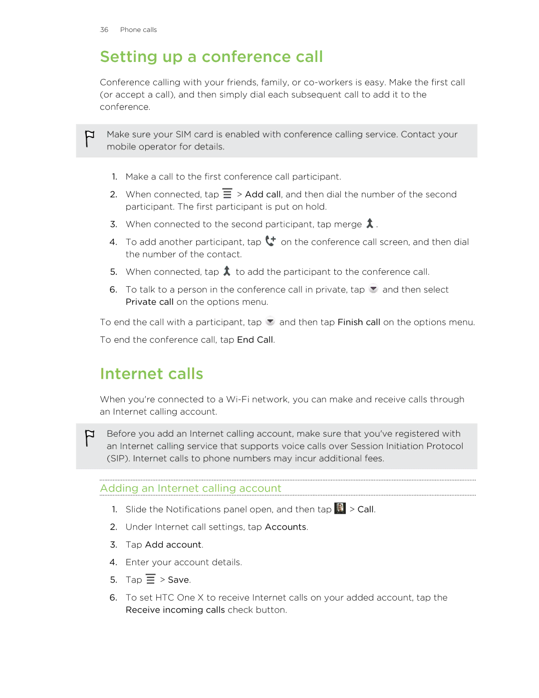 HTC 99HTB007-00 manual Setting up a conference call, Internet calls, Adding an Internet calling account 