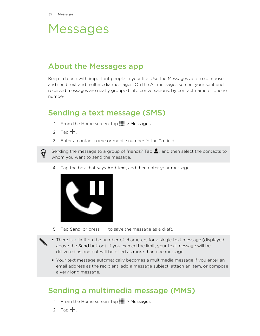 HTC 99HTB007-00 manual About the Messages app, Sending a text message SMS, Sending a multimedia message MMS 