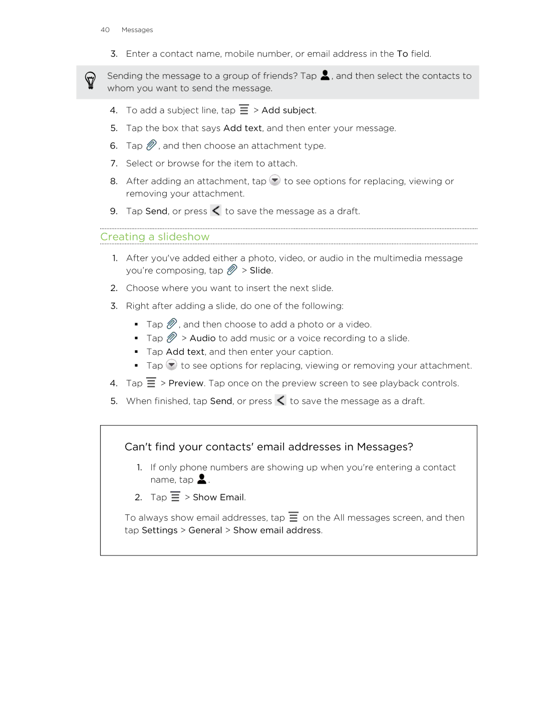 HTC 99HTB007-00 manual Creating a slideshow, Cant find your contacts email addresses in Messages? 