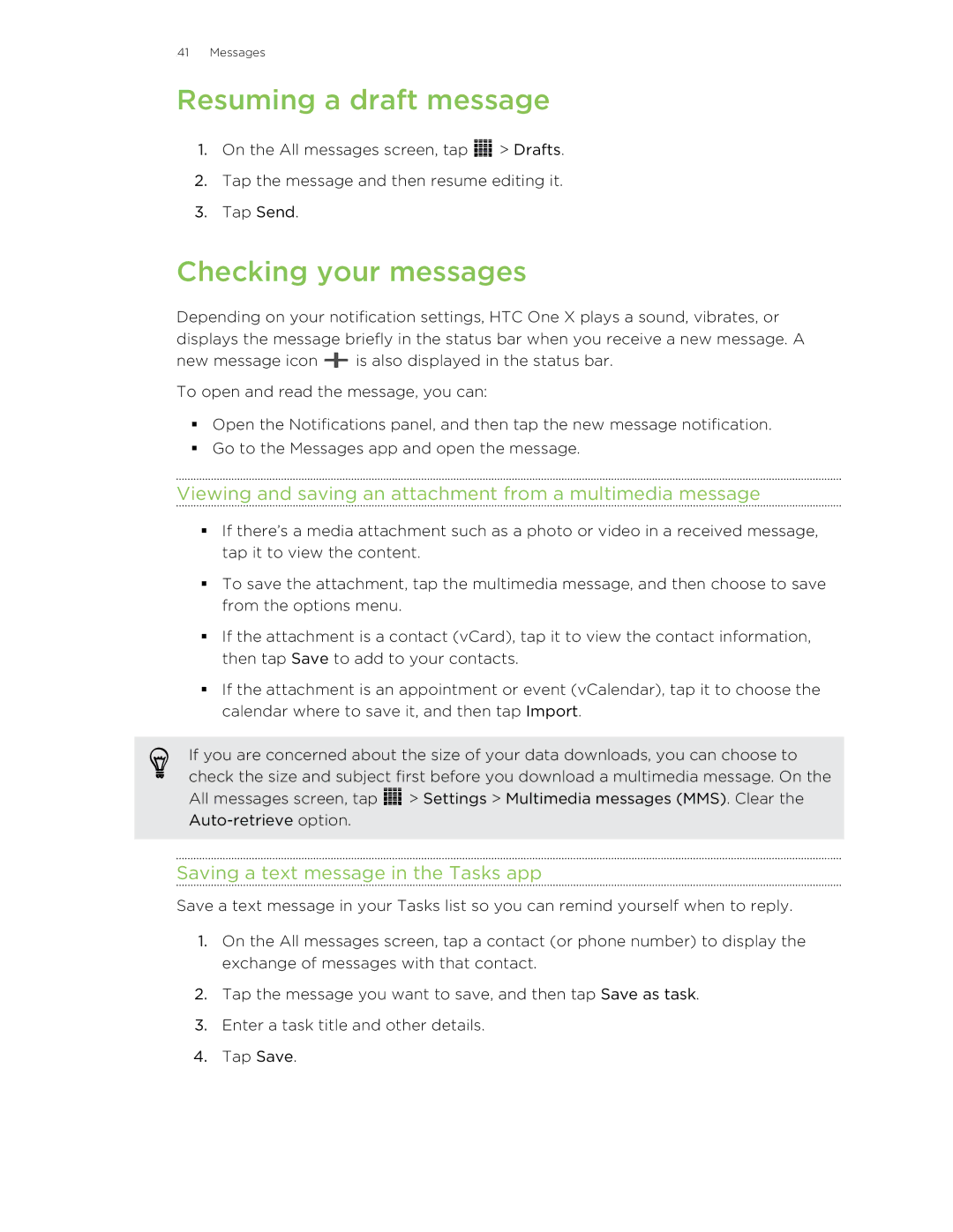 HTC 99HTB007-00 manual Resuming a draft message, Checking your messages, Saving a text message in the Tasks app 