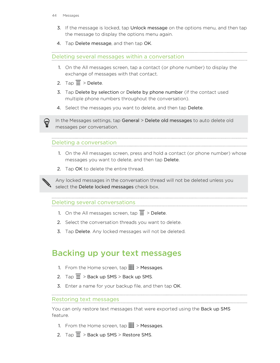 HTC 99HTB007-00 Backing up your text messages, Deleting several messages within a conversation, Deleting a conversation 