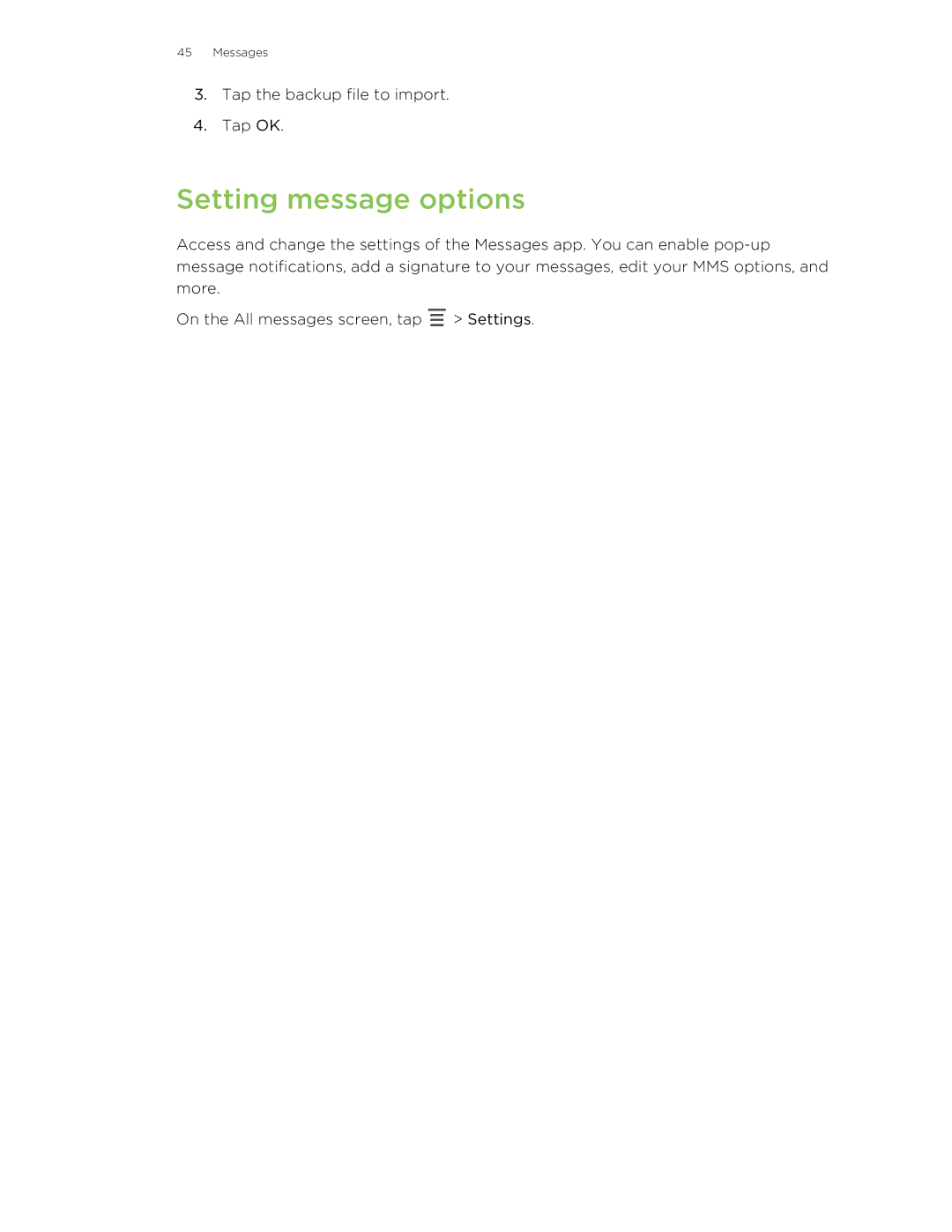 HTC 99HTB007-00 manual Setting message options 