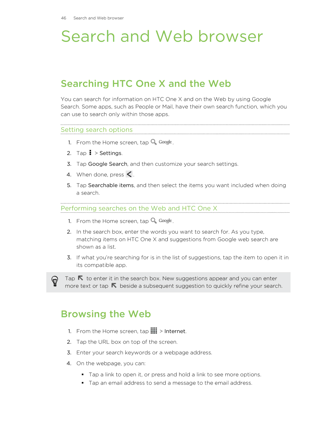 HTC 99HTB007-00 manual Search and Web browser, Searching HTC One X and the Web, Browsing the Web, Setting search options 