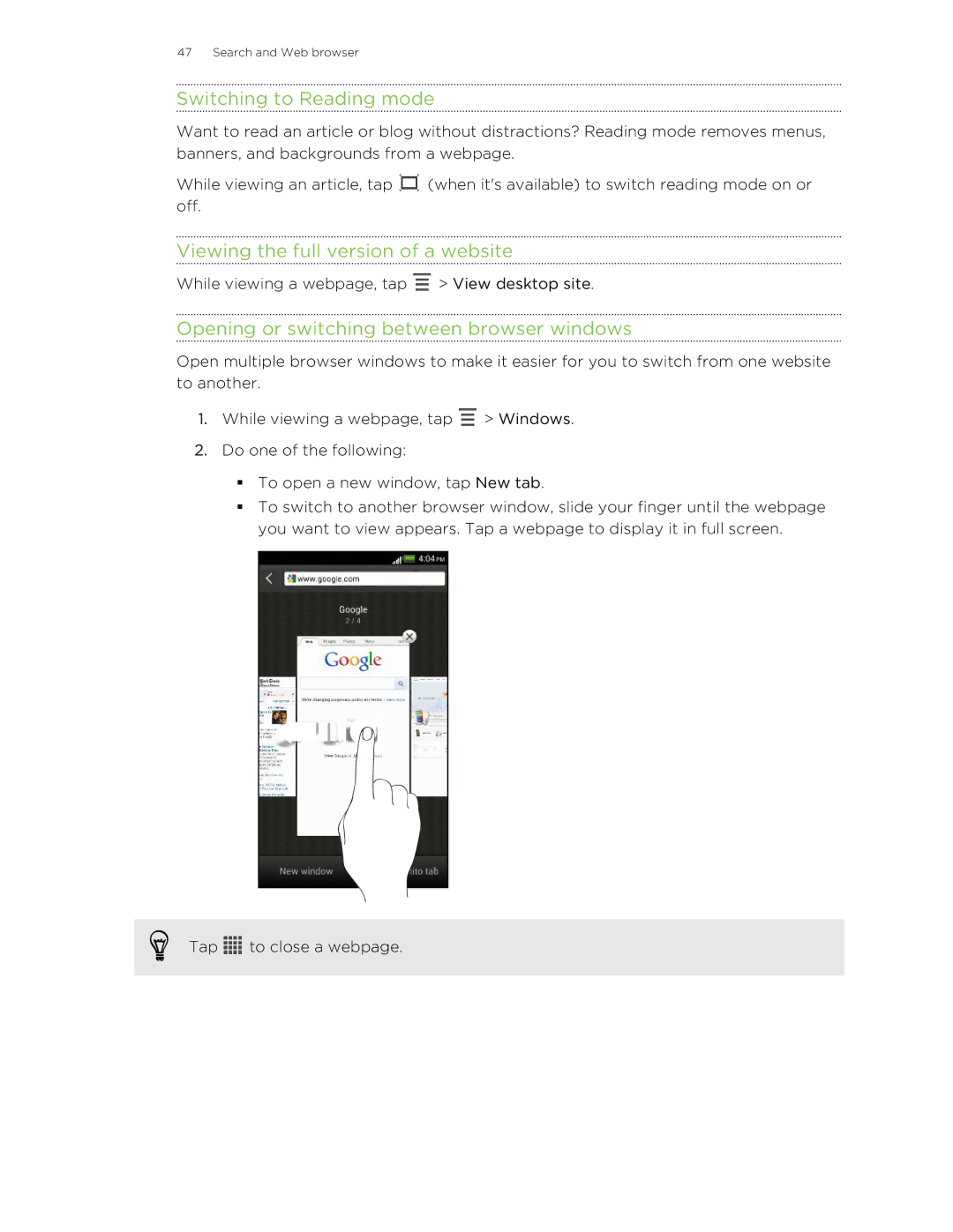 HTC 99HTB007-00 manual Switching to Reading mode, Viewing the full version of a website 