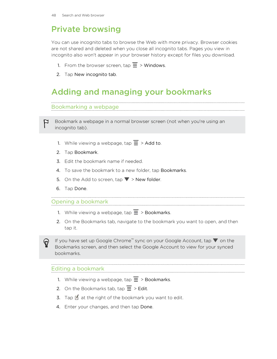 HTC 99HTB007-00 manual Private browsing, Adding and managing your bookmarks, Bookmarking a webpage, Opening a bookmark 