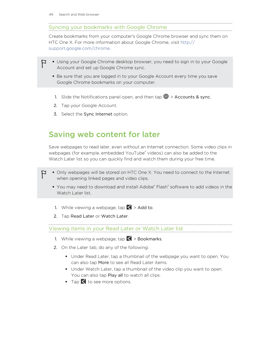 HTC 99HTB007-00 manual Saving web content for later, Syncing your bookmarks with Google Chrome 