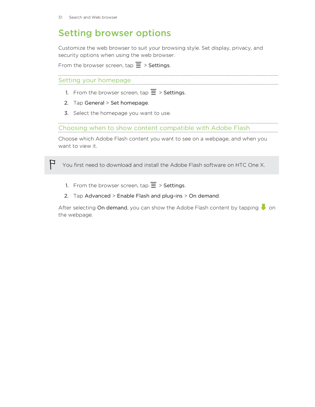 HTC 99HTB007-00 Setting browser options, Setting your homepage, Choosing when to show content compatible with Adobe Flash 