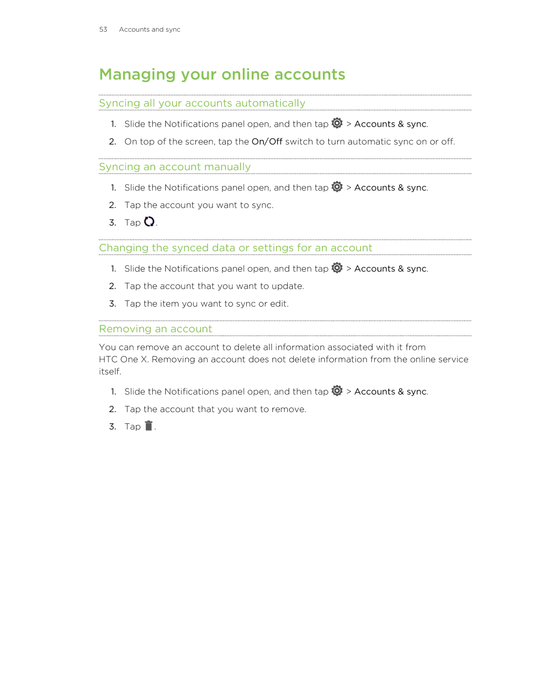 HTC 99HTB007-00 Managing your online accounts, Syncing all your accounts automatically, Syncing an account manually 