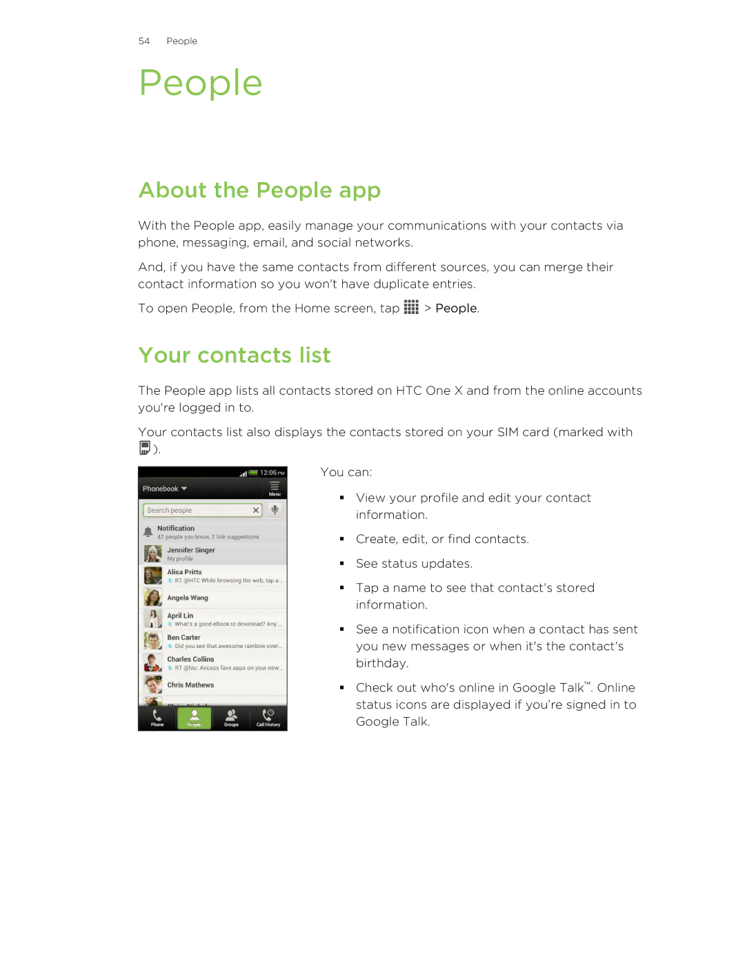 HTC 99HTB007-00 manual About the People app, Your contacts list 