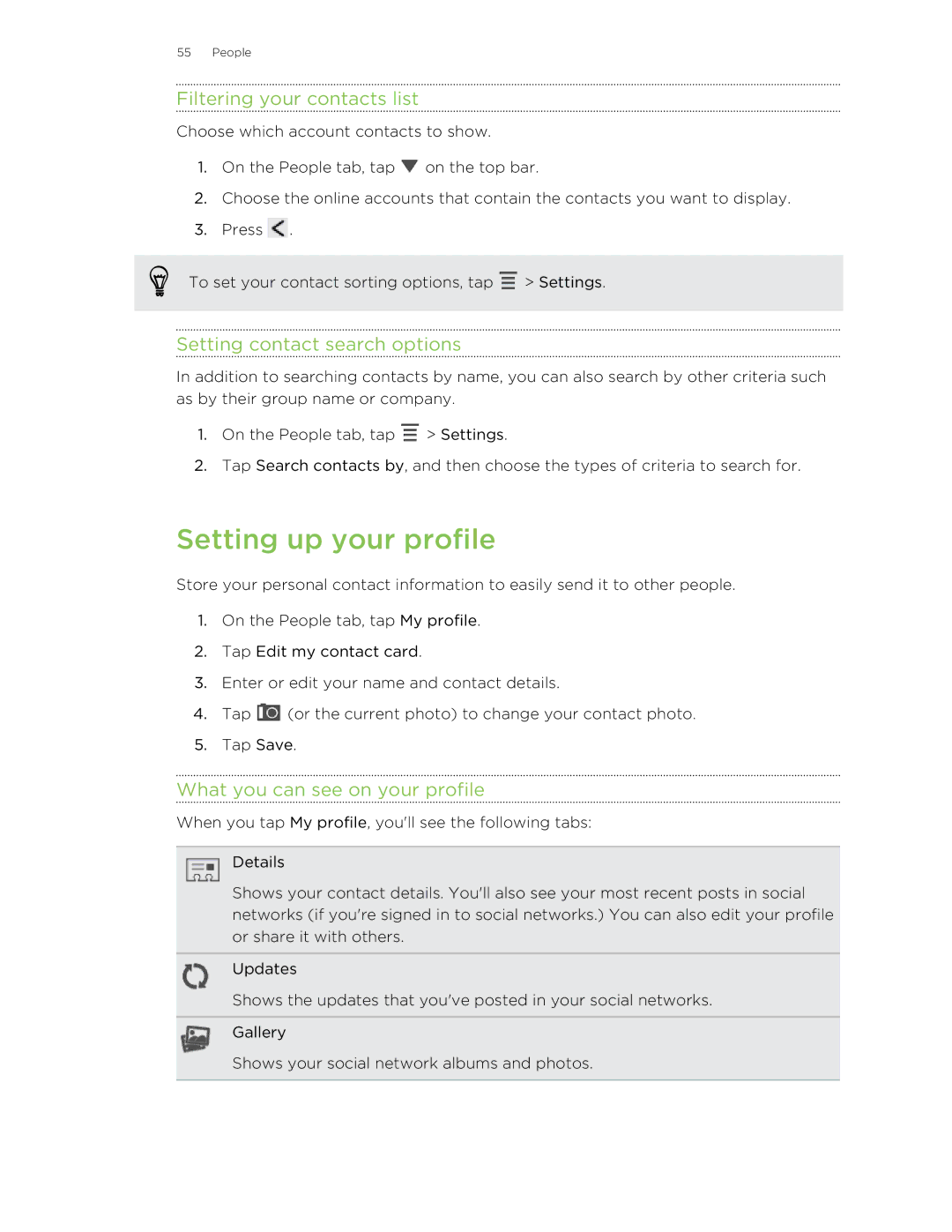 HTC 99HTB007-00 manual Setting up your profile, Filtering your contacts list, Setting contact search options 