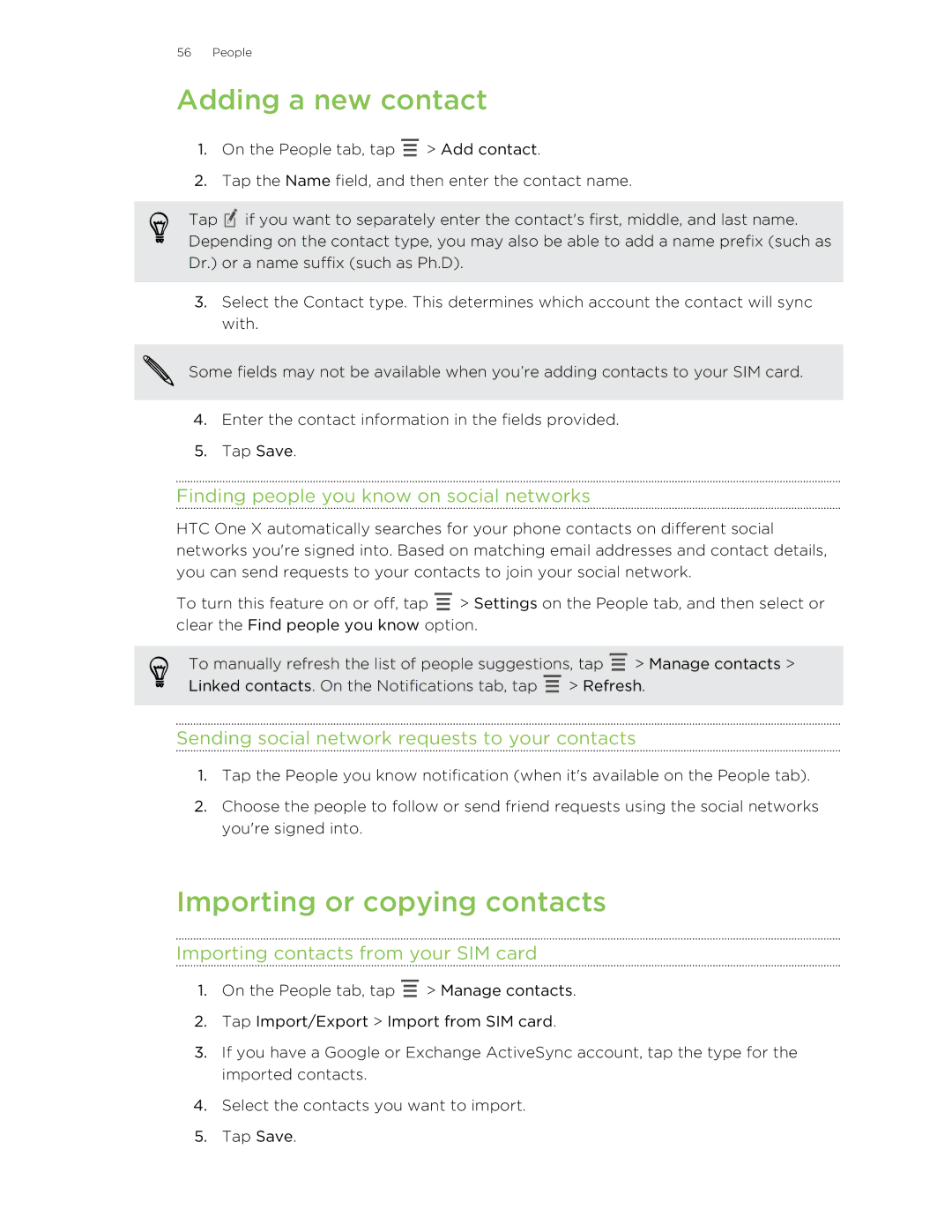 HTC 99HTB007-00 manual Adding a new contact, Importing or copying contacts, Finding people you know on social networks 