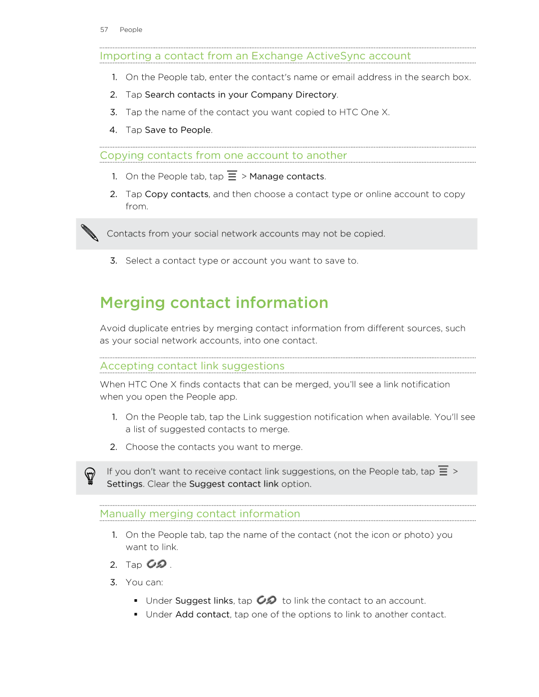 HTC 99HTB007-00 manual Merging contact information, Importing a contact from an Exchange ActiveSync account 