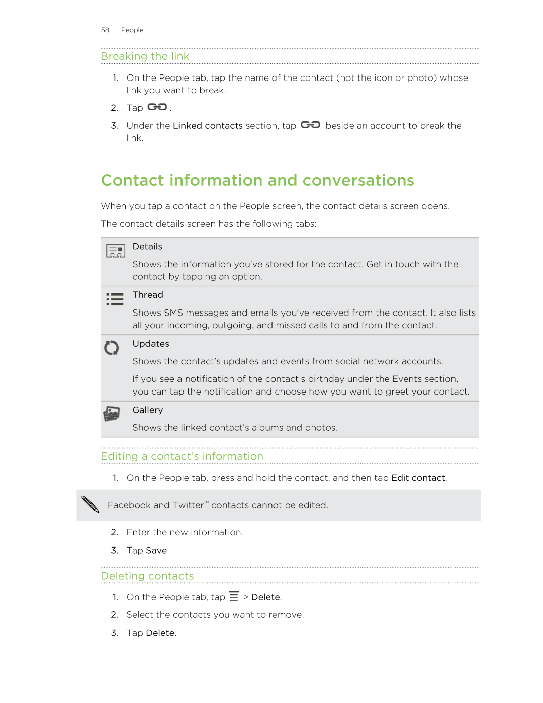 HTC 99HTB007-00 manual Contact information and conversations, Breaking the link, Editing a contact’s information 