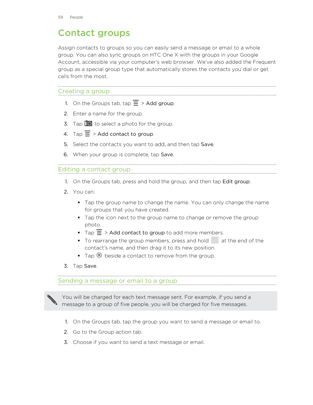 HTC 99HTB007-00 manual Contact groups, Creating a group, Editing a contact group, Sending a message or email to a group 